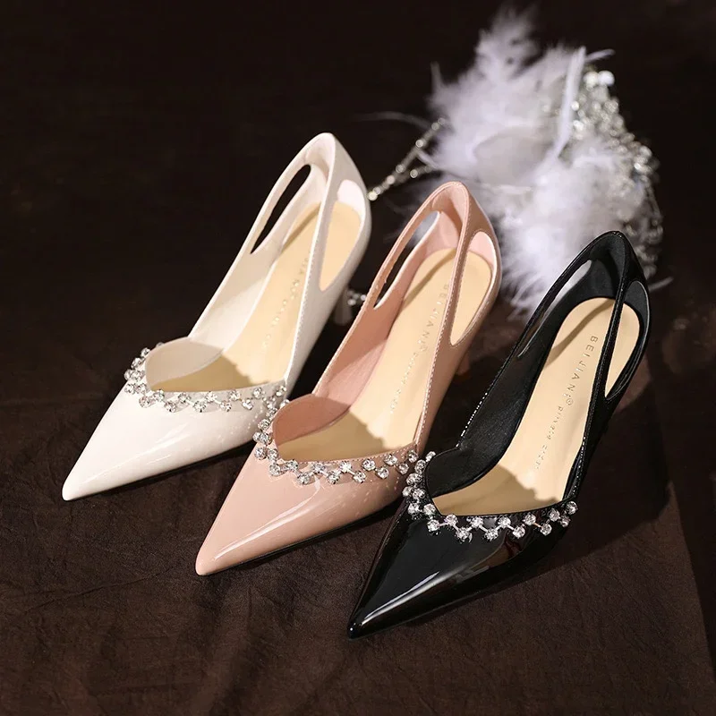 Женские туфли на высоком каблуке тонкие с французской искусственной окантовкой