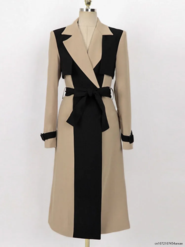 Женский Тренч с цветными вставками Корейская прямая ветровка средней длины на
