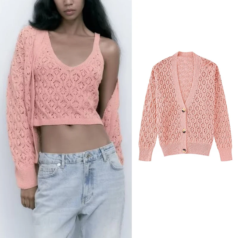 

Autumn 2022 Women Jacquard Mesh Cloth Knitted Cardigan Sweater And Sleeveless Cropped Top BB22888