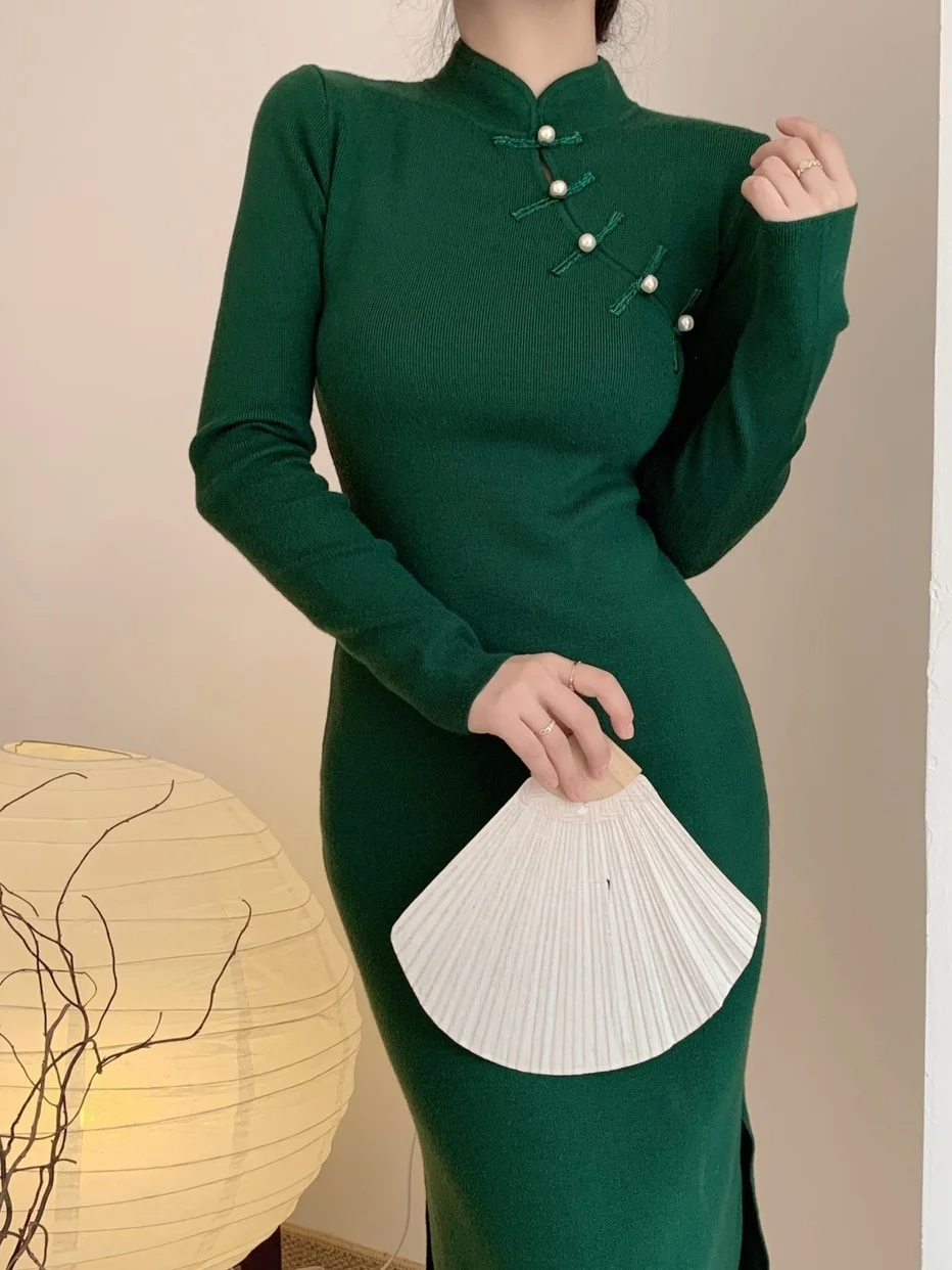 Chinese New Sweater Maxi Long Dress Green Elegant Stand Collar Knitted Slim Dresses Cheongsam Robe Elegant Top AHS8 X7DN