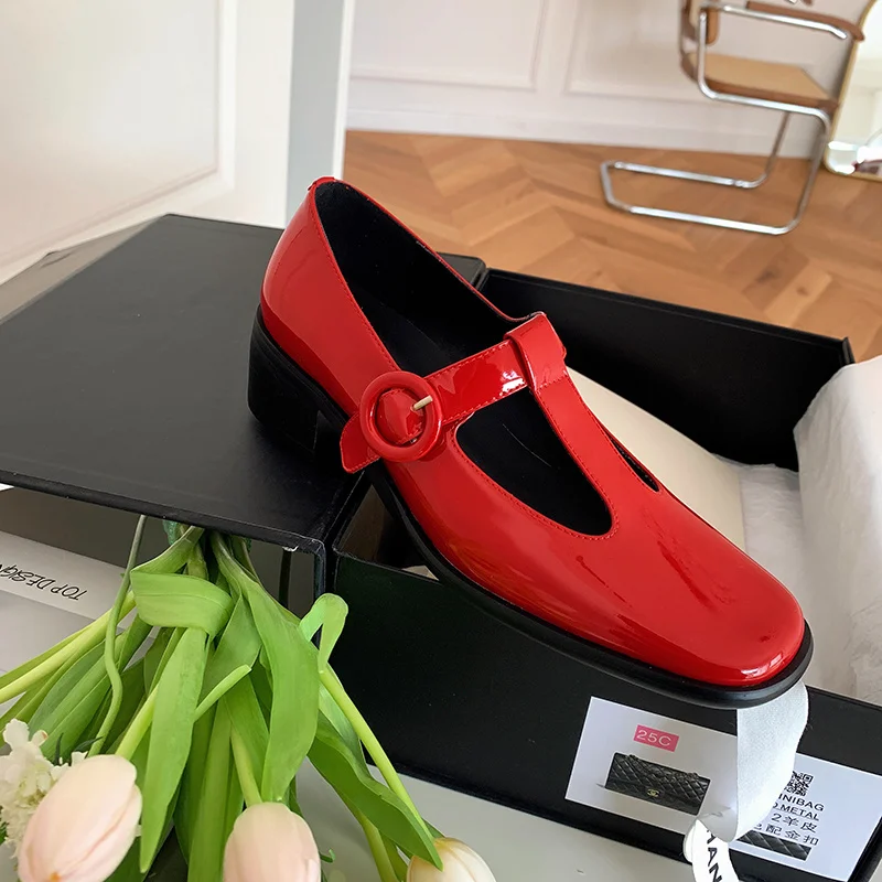 

Pumps Mary Simple Janes Shiny Leather Spring Autumn Women Shoes Elegant Heels Square Toe Ladies Footwear Buckle Strap