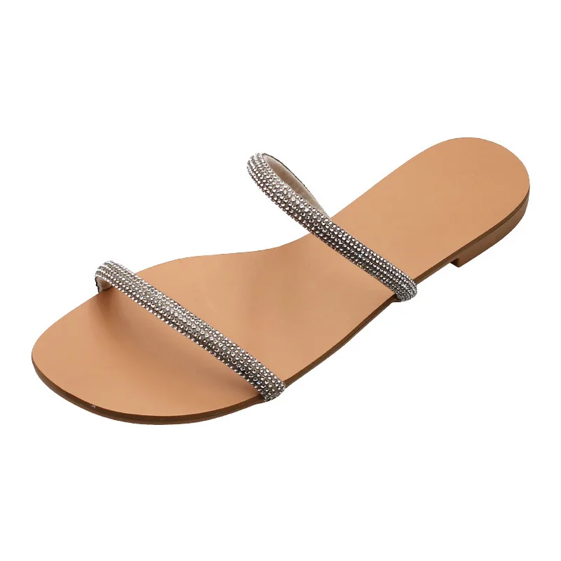 2022 summer new style sandals rhinestone flat shoes one word belt outside wear all-match flat women beach sandals women
