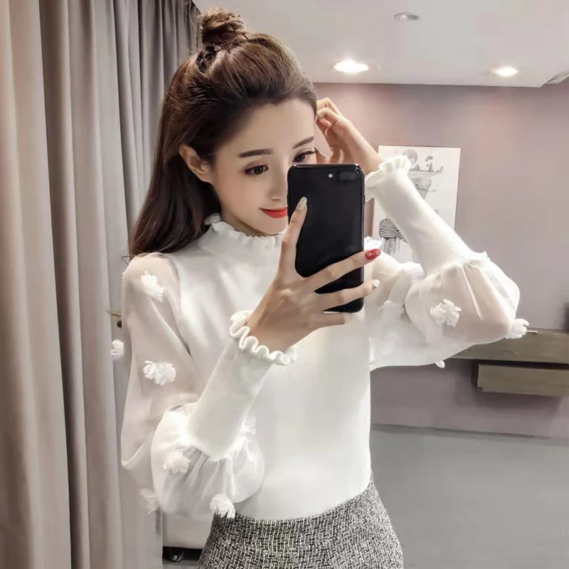 

Lucyever Korean Chic Floral Ruched Pullover Women Fashion Patchwork Mesh Long Sleeve Blouses Femme Knitted Streetwear Tops Woman