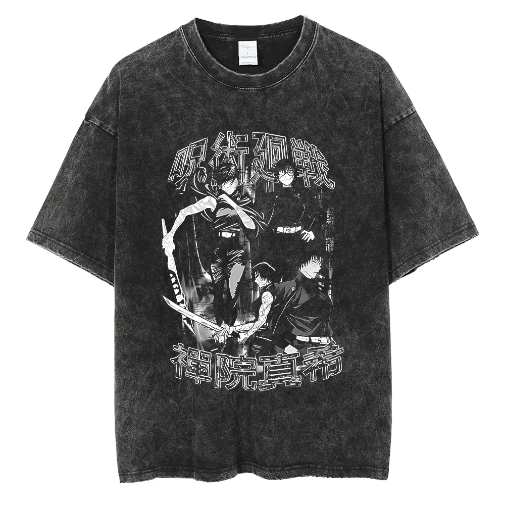 Anime Jujutsu Kaisen Satoru Gojo Print Tee Men Women Tshirts Plus Size Washed Cotton T-shirt Harajuku Male Manga T Shirt