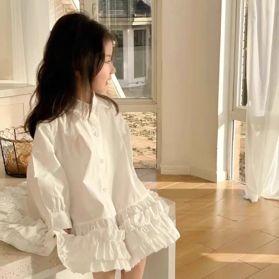 Детское белое платье-рубашка для девочек весеннее детское летнее платье осенняя