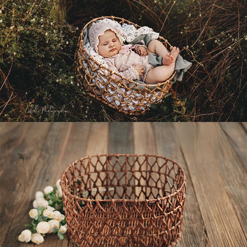 Newborn Photography Props Hollow Straw Basket Basket Container Storage Full Moon Baby Photo Studio Photography Accessories
