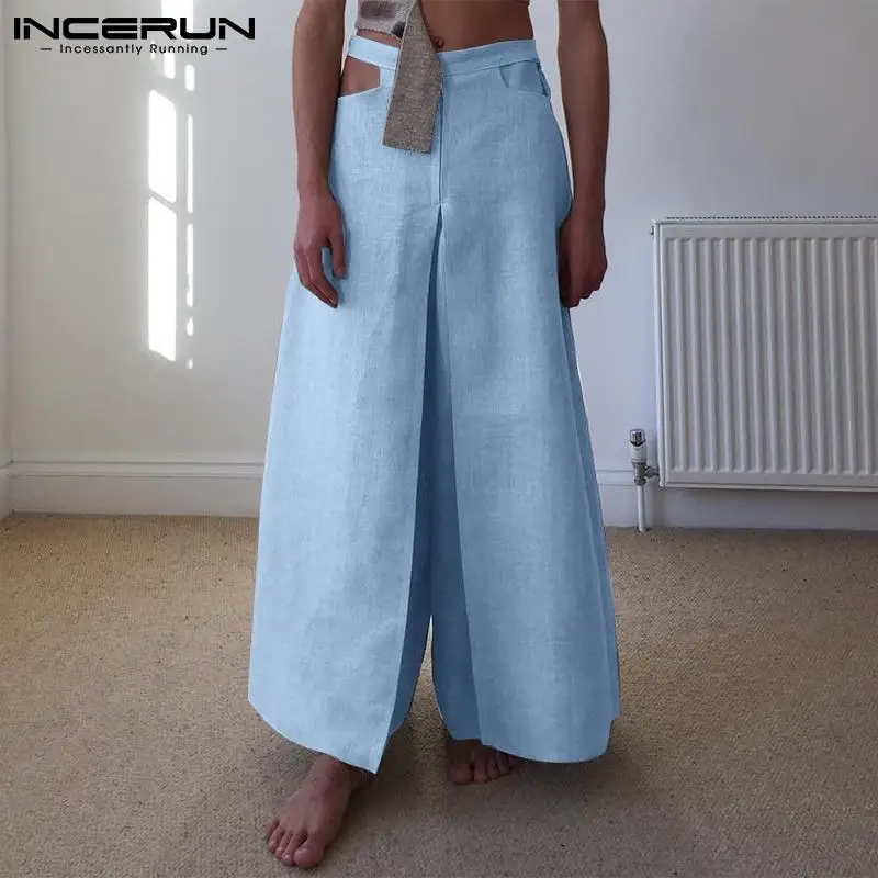 

Men Casual Pants Solid Color 2022 Joggers Button Hollow Out Personality Wide Leg Trousers Men Streetwear Loose Pantalon INCERUN