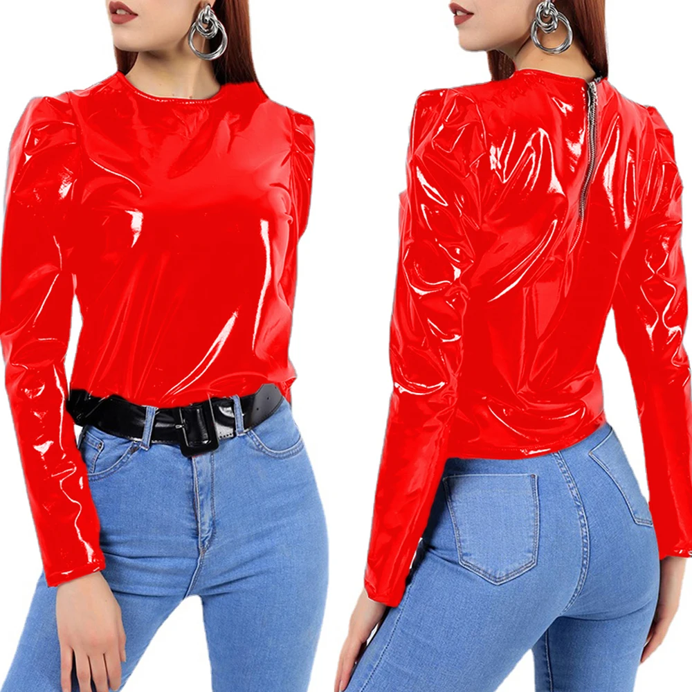 Women Faux Patent Leather Turtleneck Tops Long Sleeve Shirt Zipper PVC Pullover Black Red PU Clothes Streetwear Custom | Женская одежда