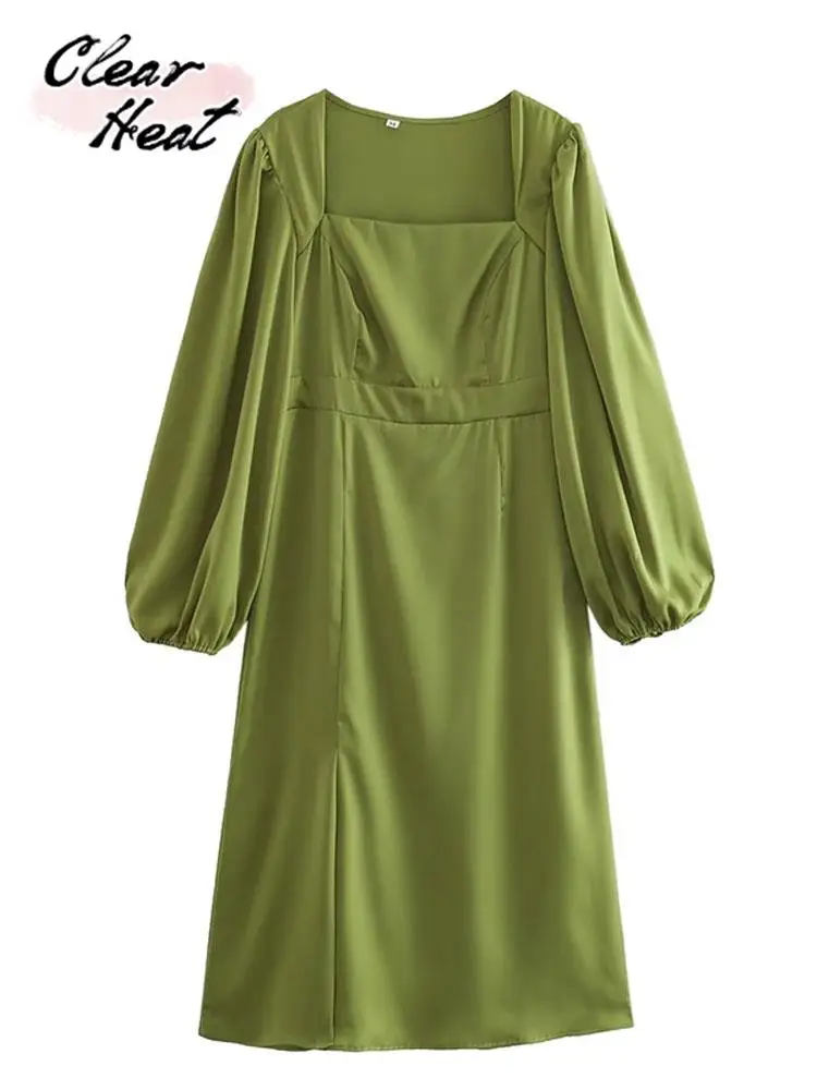 

Square Neck Lantern Sleeve Dress Women Solid Color Slim Long Robes 2023 Summer Elegant Office Lady Streetwear vestido