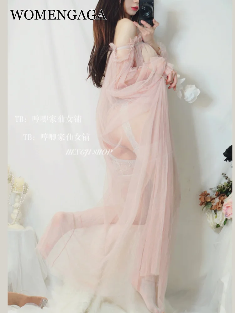 

WOMENGAGA Hem Home Lace Mehs Sexy Underwear Sexy Clothes Long Maxi Dress Lace Bow Pink Hot Sexy Robe Dresses Korean Tops MB0W