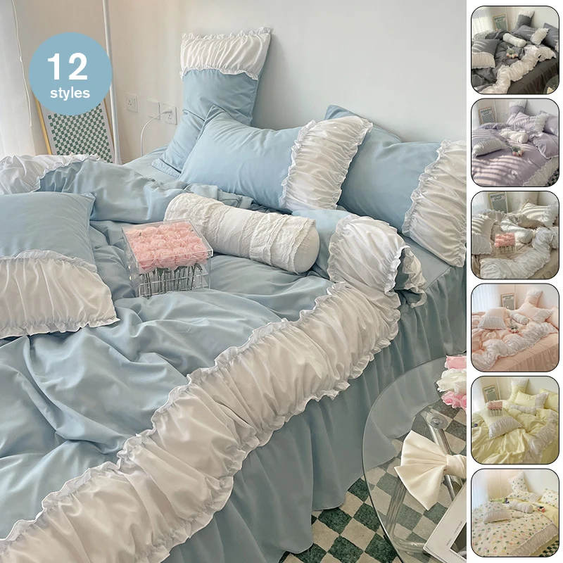 

3/4pc Luxury Duvet Cover Bed Sheet Ruffle Lace Princess Quilt Cover Bed Skirt Ins Printing Pillowcase Girls Soft Skin Bedding