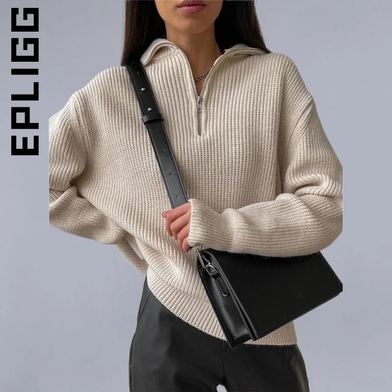 

Epligg Casual Knitted Sweater Women Turtleneck Zippers Fashion Women Sweaters Solid Green Blue Pullover Long Sleeve Woman