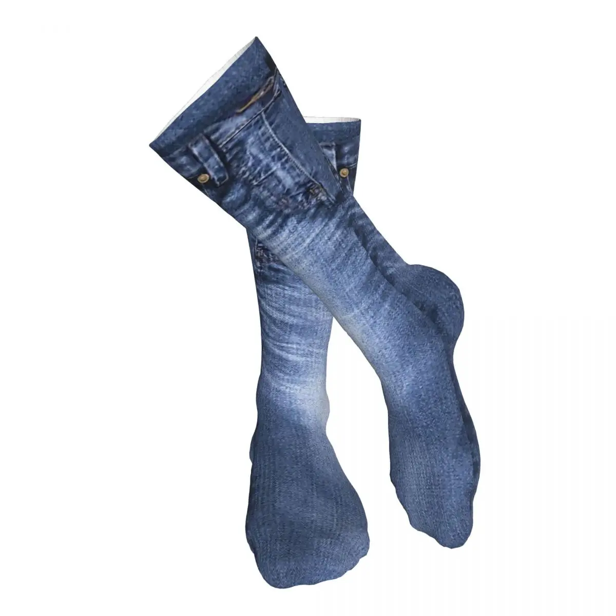 

Acid Wash Style Blue Jeans Adult Stockings Breathable For Daily Matching Thigh length Socks Customised Patterns