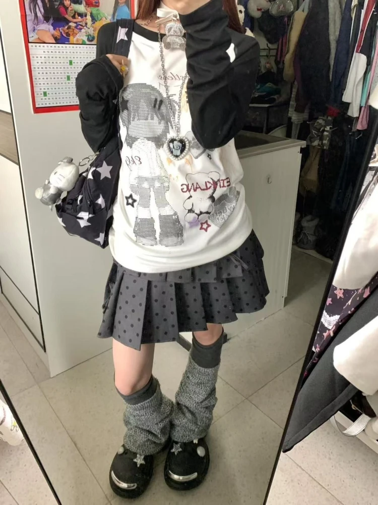 Фото HOUZHOU Y2k белые милые аниме Juminocore женские футболки Harajuku черные футболки с длинными рукавами в японском стиле большие повседневные футболки Kawaii №2