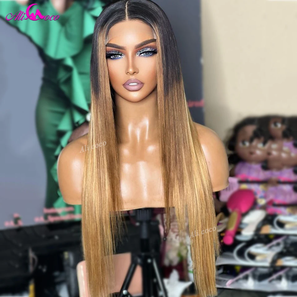 Ombre 1B 4 27 Brazilian Straight Human Hair Wig 13x6 Lace Frontal Wig For Black Women Preplucked Transparent Lace Front Wig