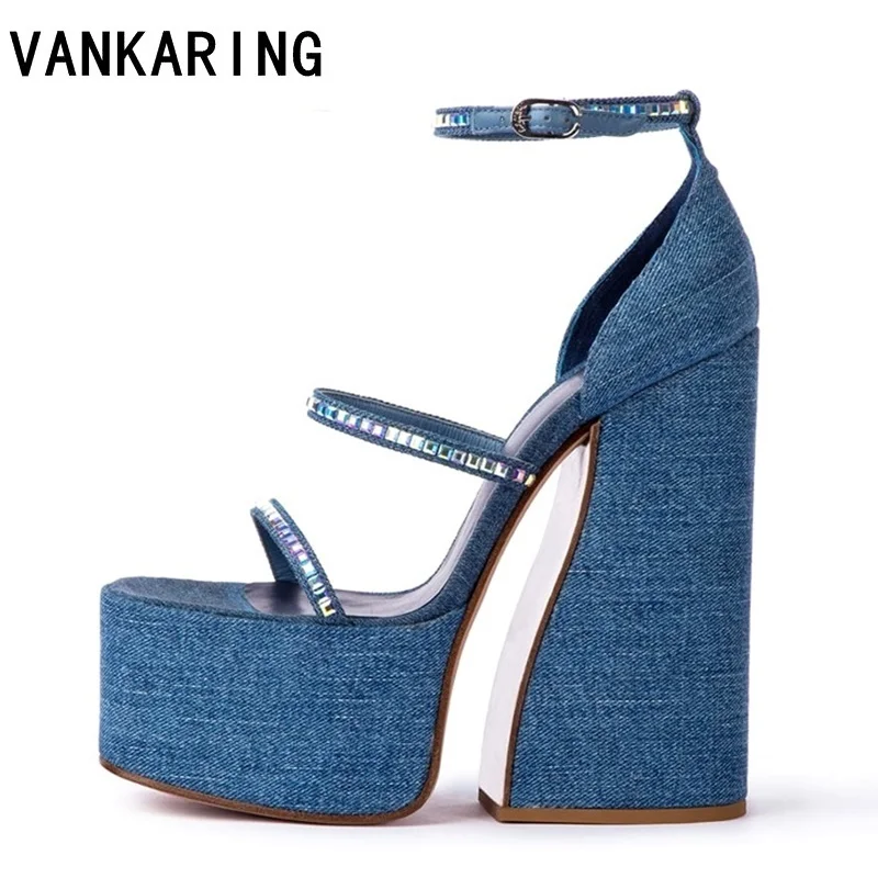 thick high heels fashion blue denim gladiator sandals  ankle strap classic design shoes woman sandals ladies dress party pumps