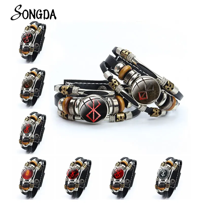 

Anime BERSERK Leather Bracelet Punk Multilayered Rope Bracelets Glass Cabochon Pendant Bangles Wristband Handmade Accessories
