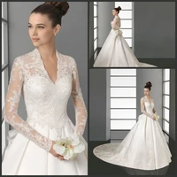 2014 vintage v neck appliqued lace long sleeve a line wedding dresses