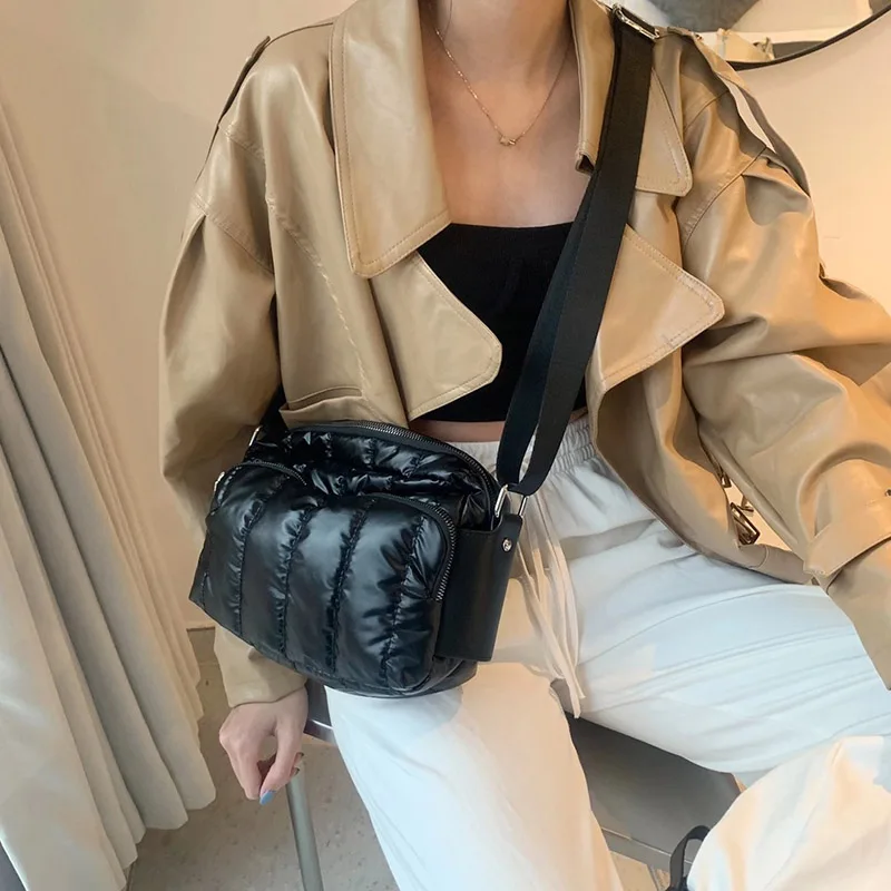 

Luxury Space Cotton Shoulder Bags For Women 2021 Winter Crossbody Down Bag Designer Handbag Wide Shoulder Strap Messenger Pack