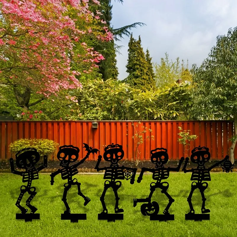 

5PCS Skeleton Decor Outdoor Lawn Statues Black Acrylic Skeleton Yard Art Silhouette Decor Garden Backyard Lawn Stakes