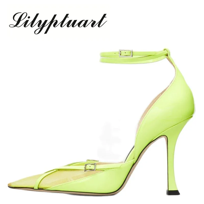 

New Buckle Pumps Sexy Spring Summer Pointed Toe Thin Heels Women Pumps Mesh Cut Outs Ankle Strap Lady Sandals Size 34-43