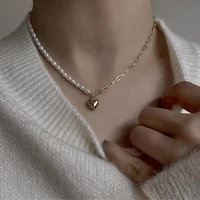 2021 new pearl asymmetric splicing metal clavicle chain shiny love pendant necklace double beaded necklace for women jewelry