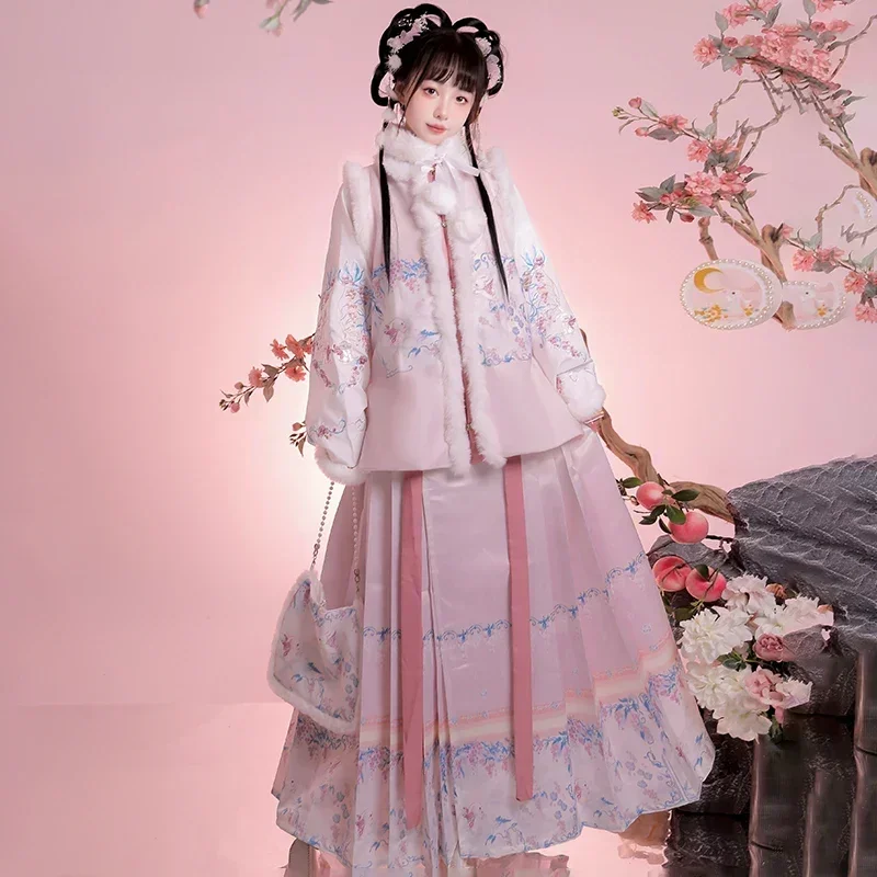 

2023 Chinese New Year Rabbit Year Winter Hanfu Ming Dynasty Bijia Chinese Traditional Embroidery Hanfu Costume Plush Ma Mian