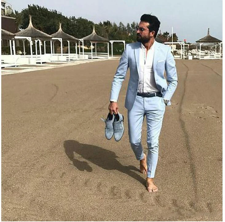 

2022 Summer Blue Linen Men Suits Groom Wedding Tuxedo Best Man Blazer Casual Groomsmen Wear 2piece Costume Homme Terno Masculino