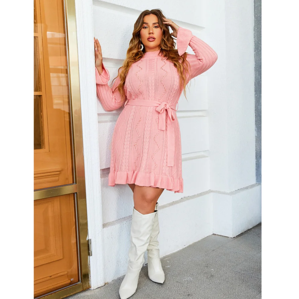 2022 Woolen Vacation Wind Lotus Leaf Sleeve Large Plus Size Dress Autumn Winter Round Neck Long Sleeve Pullover Women's Dress