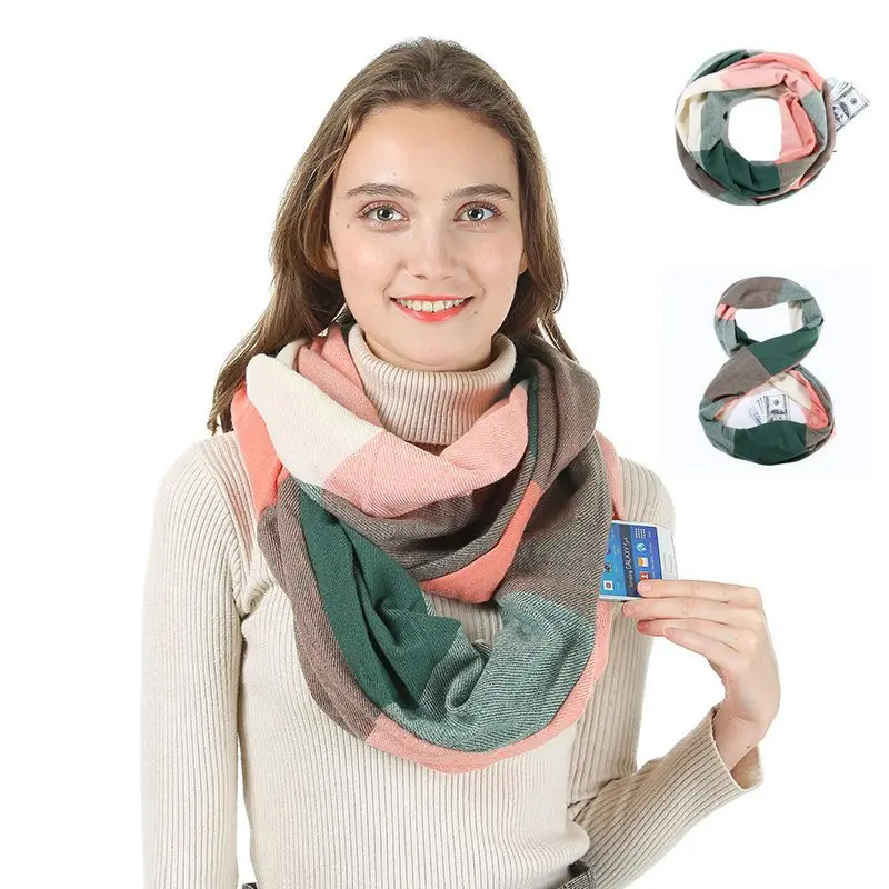

CHENKIO Infinity Loop Plaid Printing Scarf with Hidden Zipper Pocket for Women - Lightweight Travel Neck Wrap Infinity Scarf