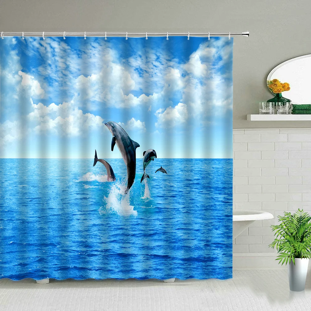 

Ocean Animal Dolphin Shower Curtains Beach Palm Tree Tropical Fish Scenery Bathroom Waterproof Fabric Bath Curtain Set with Hook