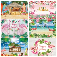 summer flamingo tropical plants photography backdrop happy birthday party family portrait gray wooden photocall background prop