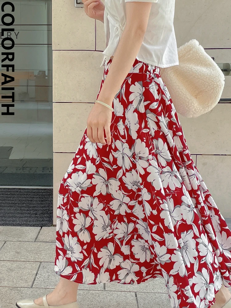 

Colorfaith 2022 New Chic Floral Printed Flared Elegant Vintage Korean Fashion High Waist Spring Summer Women Long Skirt SK3358JM