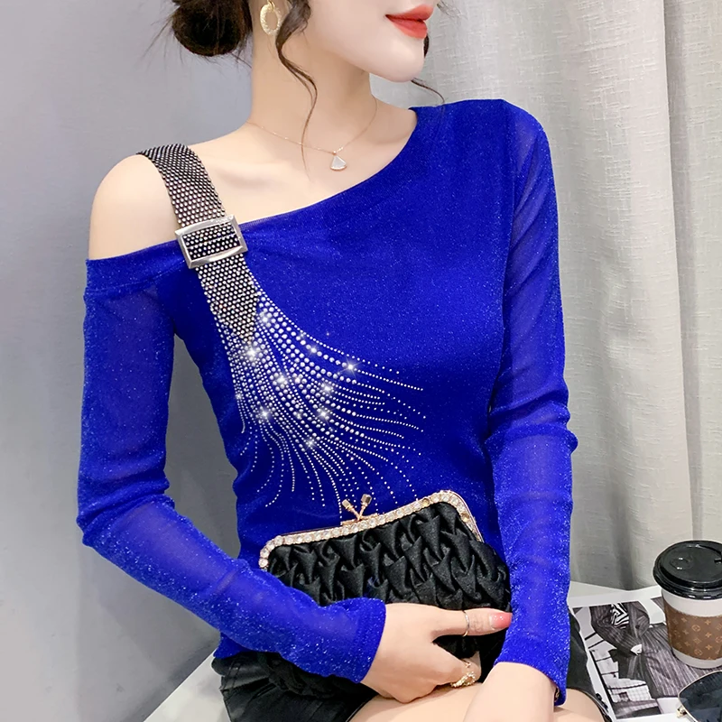 

Spring Clothes Lady Mesh T-Shirt Fashion Sexy Off Shoulder Diamonds Women's Tops Long Sleeve All Match Drilling 2022 Tees 9005