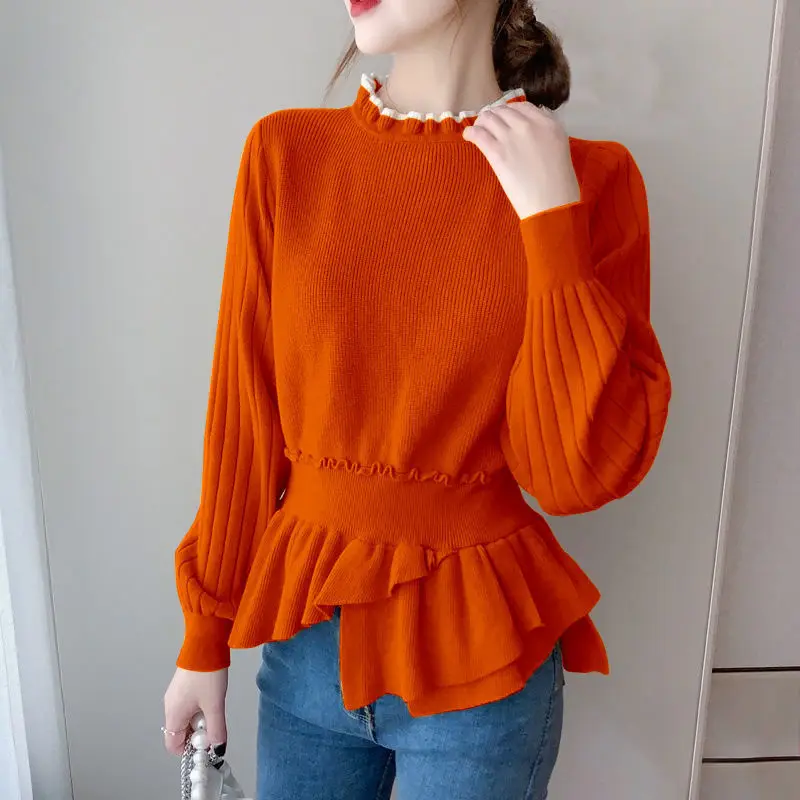 

2023 Fashion Ruffles Spliced Knitted Folds Asymmetrical Sweaters Women's Clothing Autumn New Loose Casual Pullovers Korean Tops