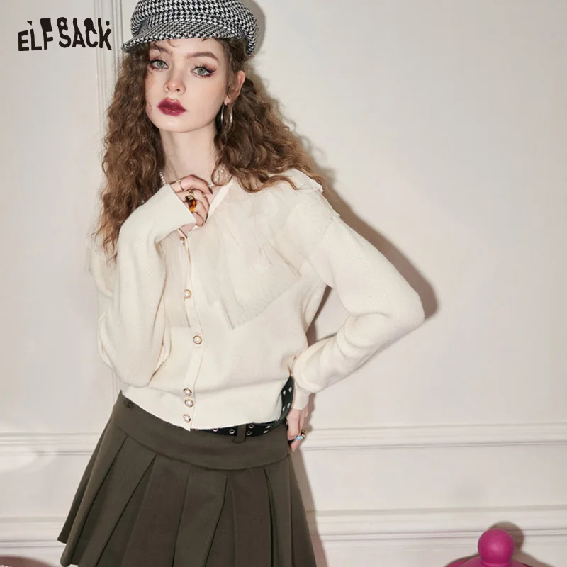 ELFSACK Spliced Short Pullover Knitwears Women 2023 Spring Long Sleeve Slim Basic Tops