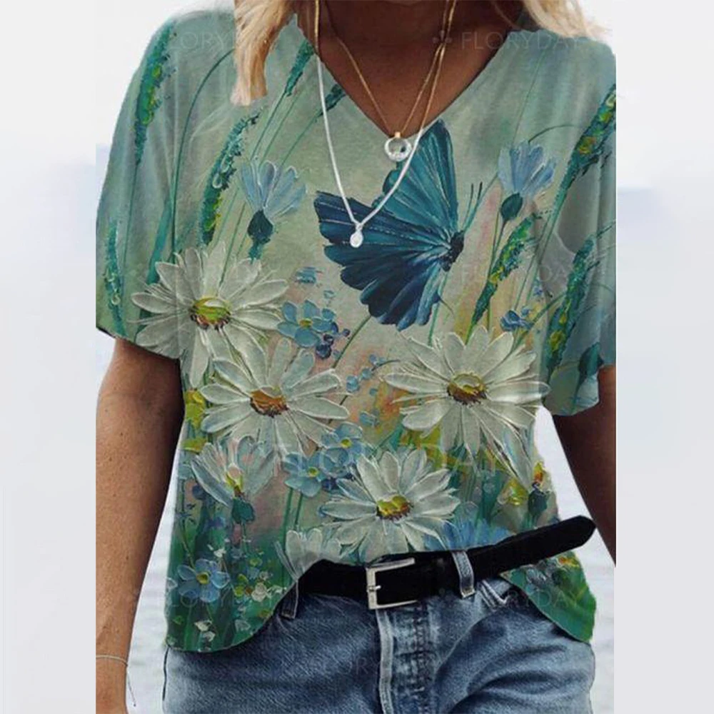 

Fashion Print Women's Summer T-shirts V-neck Butterfly Graphic T Shirt Short-Sleeved Oversized Y2k Clothes Harajuku Female Tops