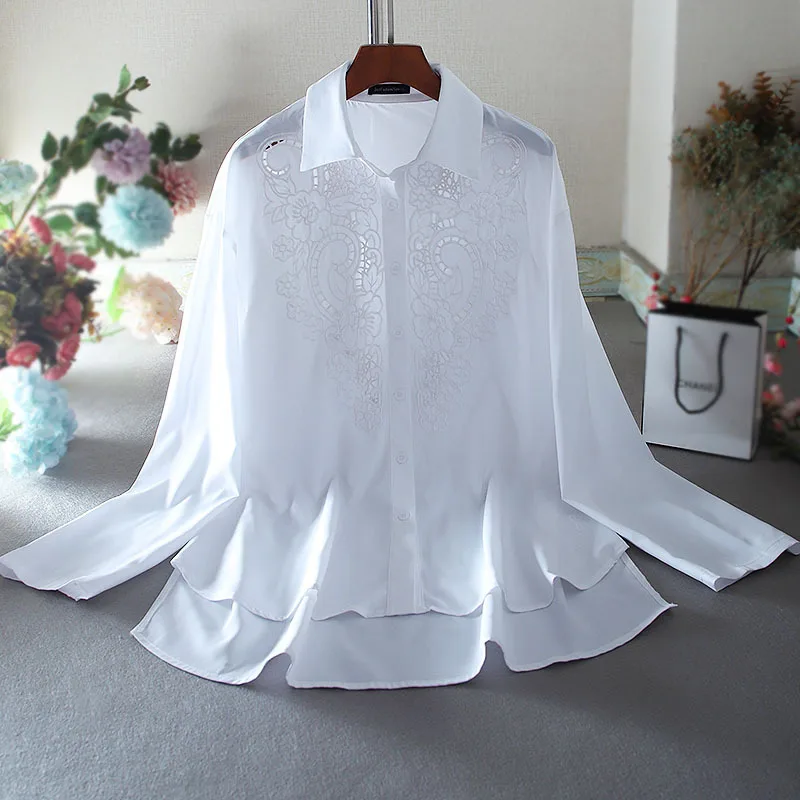 

SuperAen 2022 New Chiffon Full Fashion Embroidery Flower Hollowed Out Medium and Long Turn Down Collar Slim Shirt