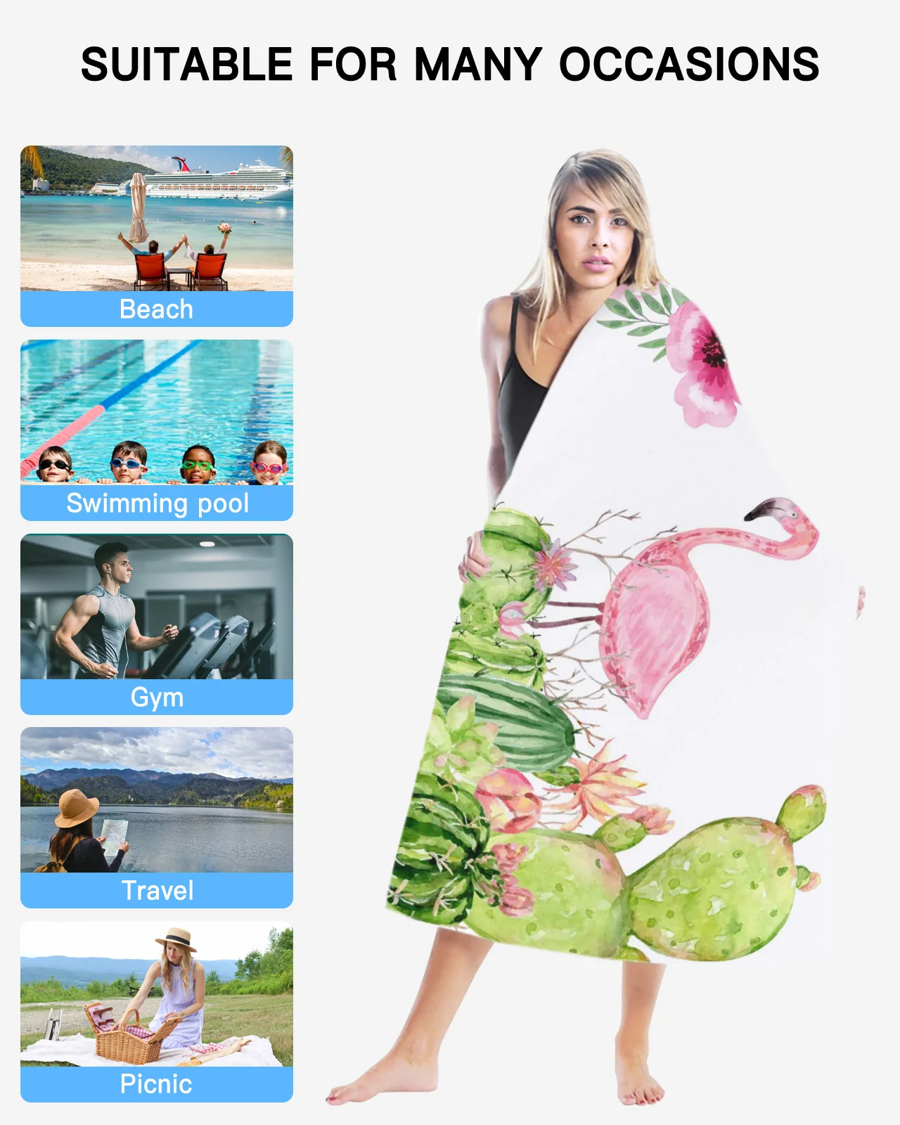 Тропическое растение кактус пляжные полотенца с цветами и фламинго большие