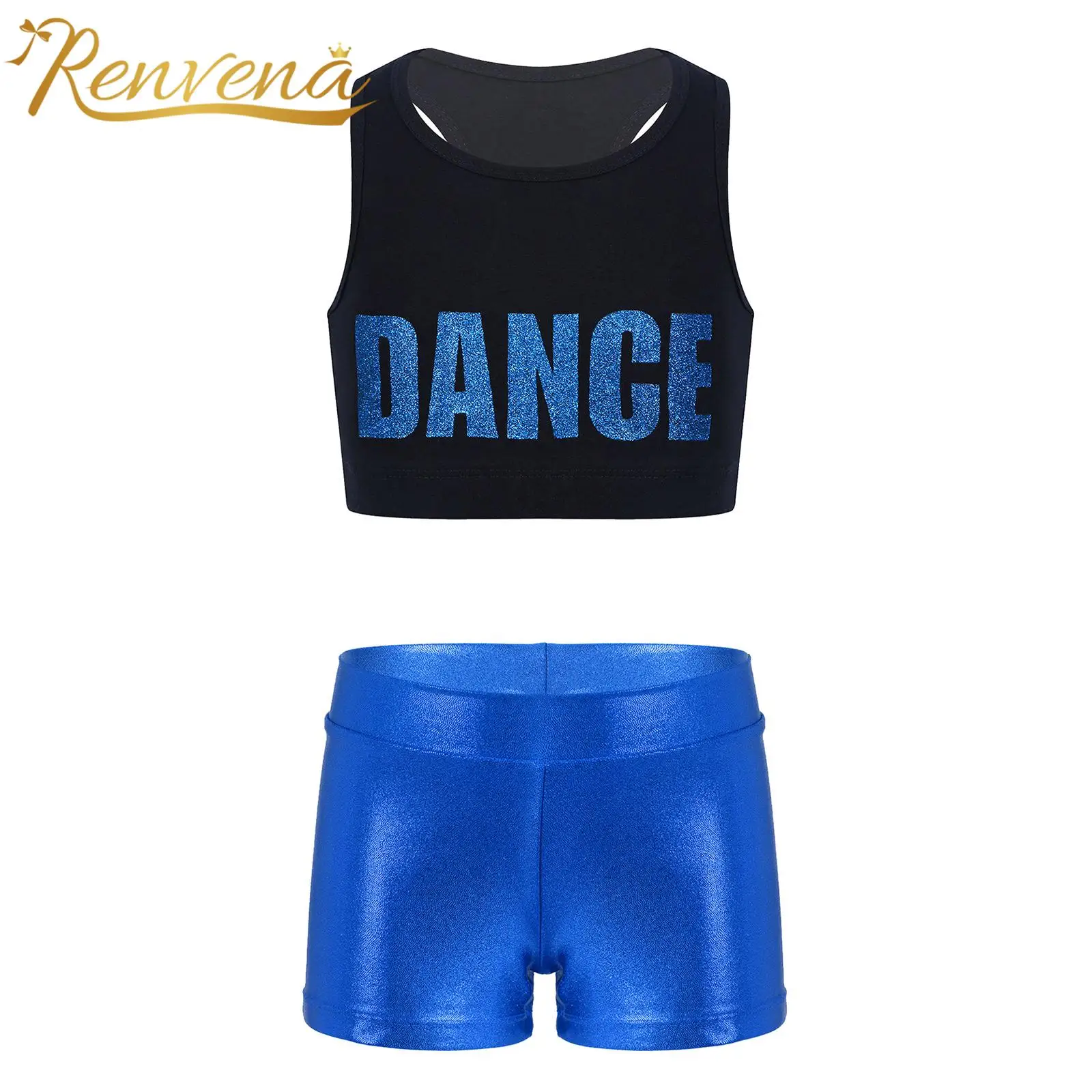 

Kids Girls Shiny Dancewear Sleeveless Racer Back Crop Top + Metallic Shorts Children Ballet Gymnastics Outfits for Jazz Hiphop