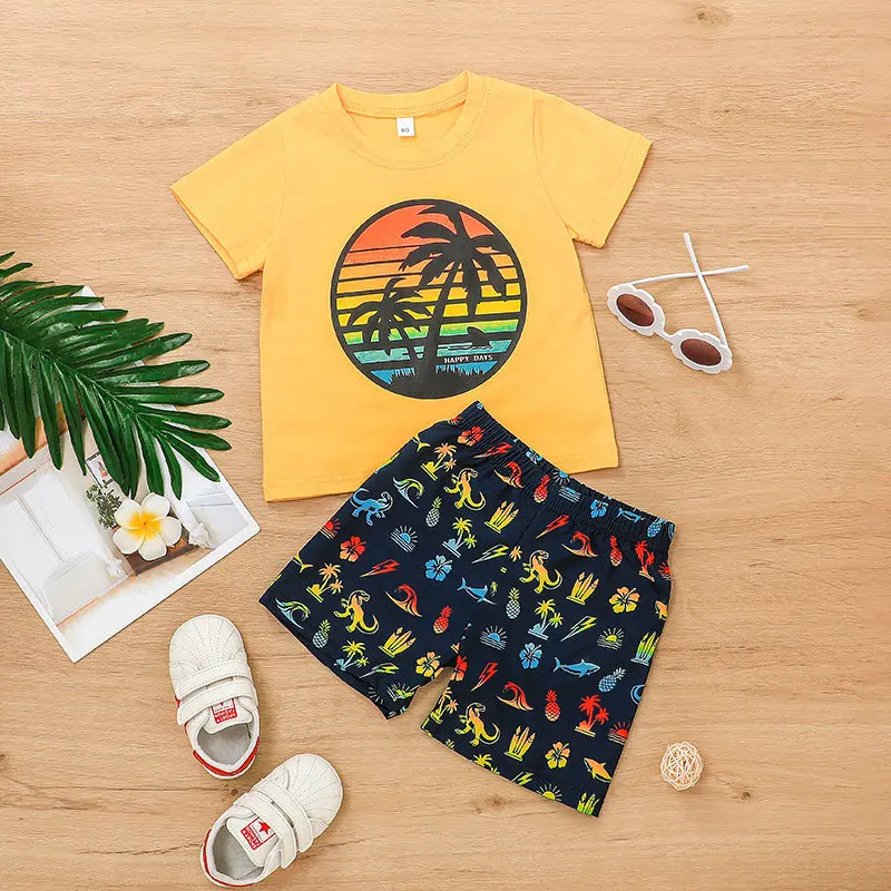 

Summer Baby Boys 2Pcs Casual Outfits Clothing Sets Kids Short Sleeve Letter/Tree Print T-shirt Camouflage/Cartoon Print Shorts
