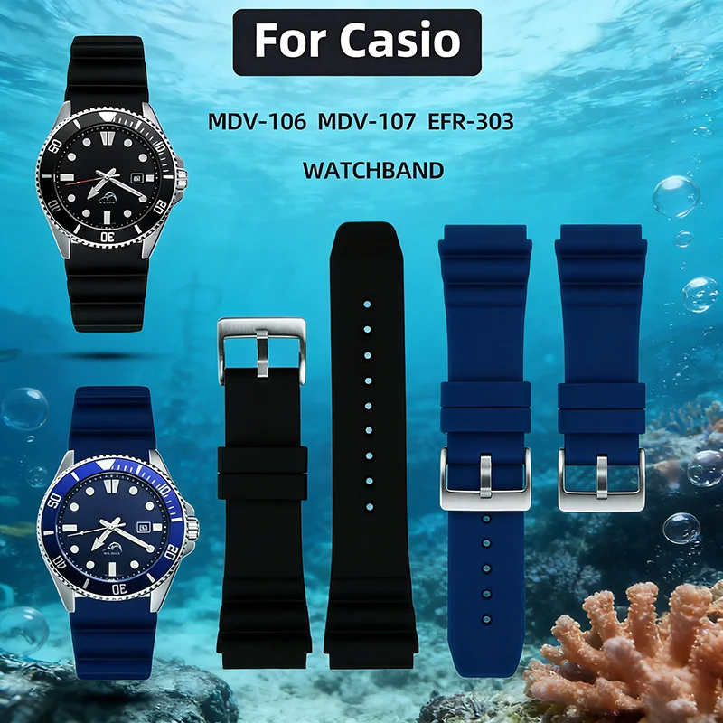 Фото Силиконовый ремешок для часов 20 мм 22 мм для часов CASIO Swordfish Duro MDV-106 MDV-107 EFR-303, водонепроницаемый резиновый спортивный ремешок №4