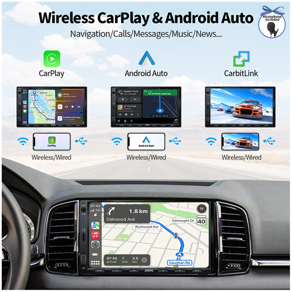 ATOTO 7-дюймовый 2Din Android автомобильный стерео беспроводной экран для Apple Carplay Auto Audio