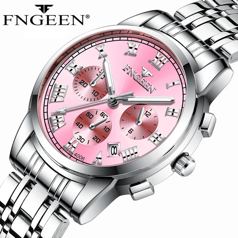 

FNGEEN Fashion Leisure Women Luminous Calendar Waterproof All Steel Watch Quartz Women's Watches Three Eye Calendar Reloj Mujer