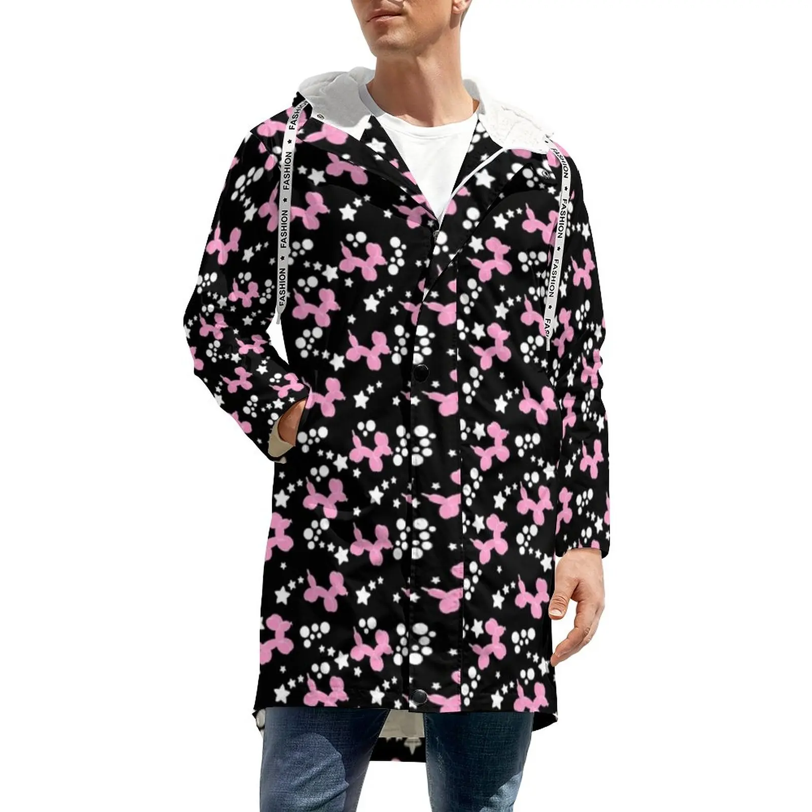 

Pink Balloon Dogs Winter Casual Jackets Stars Print Kawaii Loose Thick Coats Man Custom Long Parkas Birthday Present