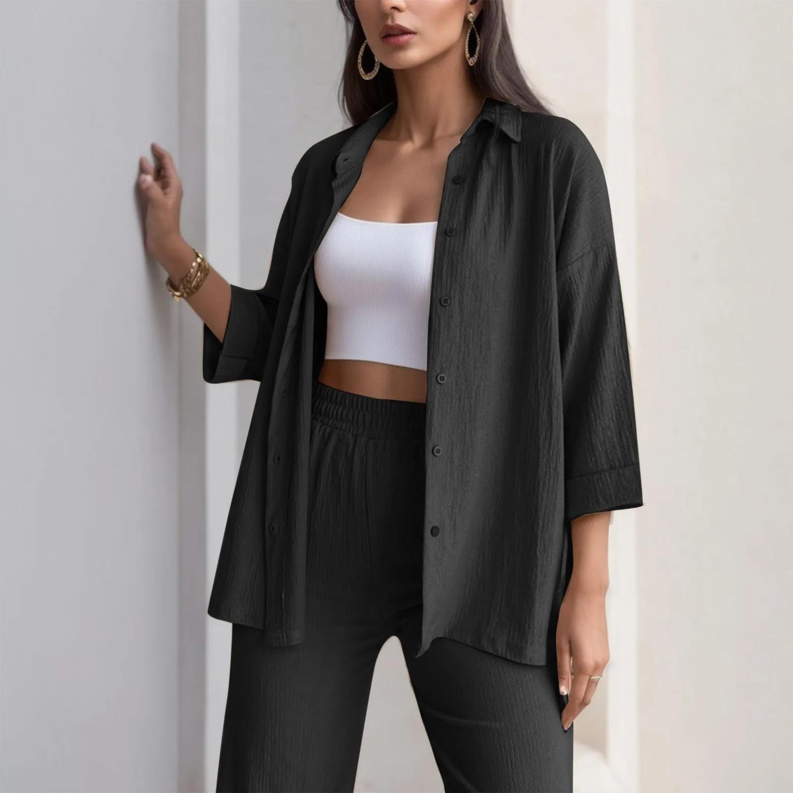 

Комплект одежды женский из двух предметов, Повседневная модная рубашка с длинным рукавом и брюки-карандаш, облегающая Рабочая уличная одежда, Y2K, весна-лето