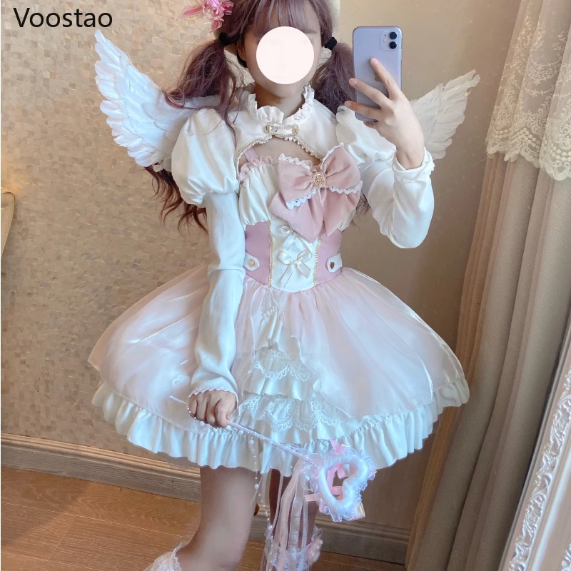 

Sweet Lolita Princess Party Jsk Dress Women Kawaii Pink Magic Bow Trailing Dresses Cosplay Girly Elegant Cute Lace Slip Dress