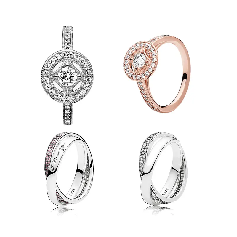 

LR Round Sparkle Halo PAN 925 Sterling Silver Ring For Women Rose Gold Series Retro Double Circle Design Lady Girl Jewelry Gifts