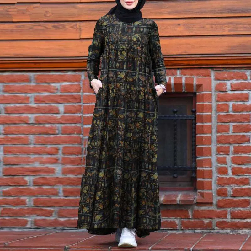 

Middle East Muslim Fashion Print Women Robe Mubarak Turkey Dubai Islam Eid Ramadan Saudi Arabia Round Collar Female Caftans