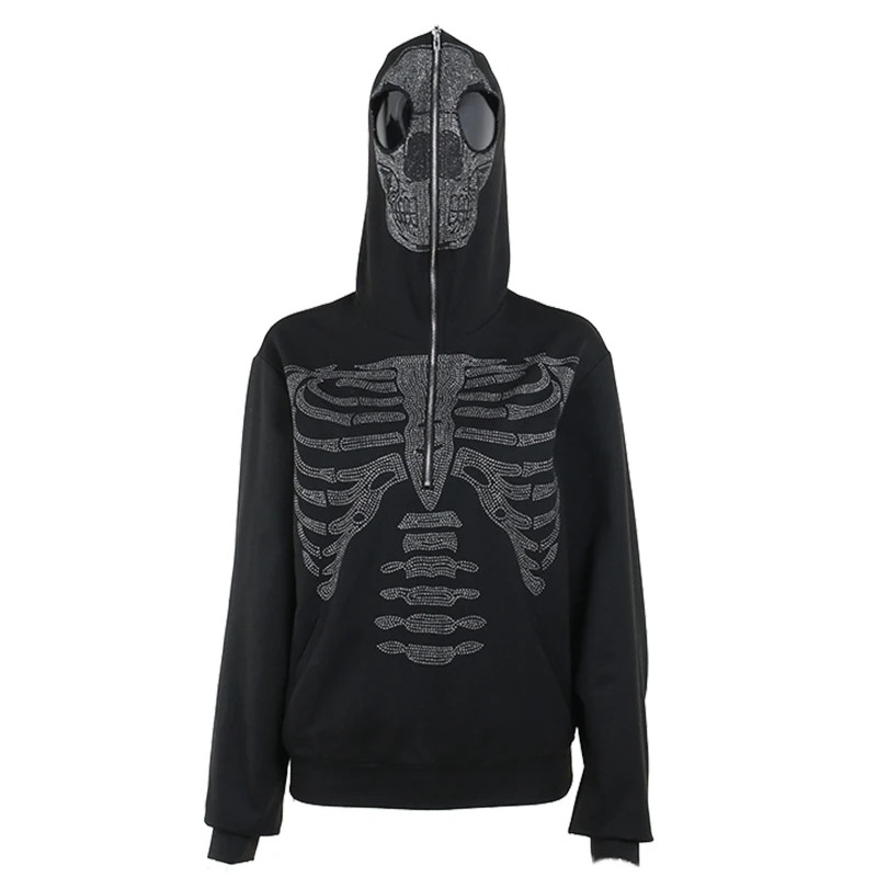 

Halloween Fashion Hoodies for Women Skull Rhinestone Half Zip Up Oversized Long Sleeve Sweatshirt Gothic Punk Streetwear
